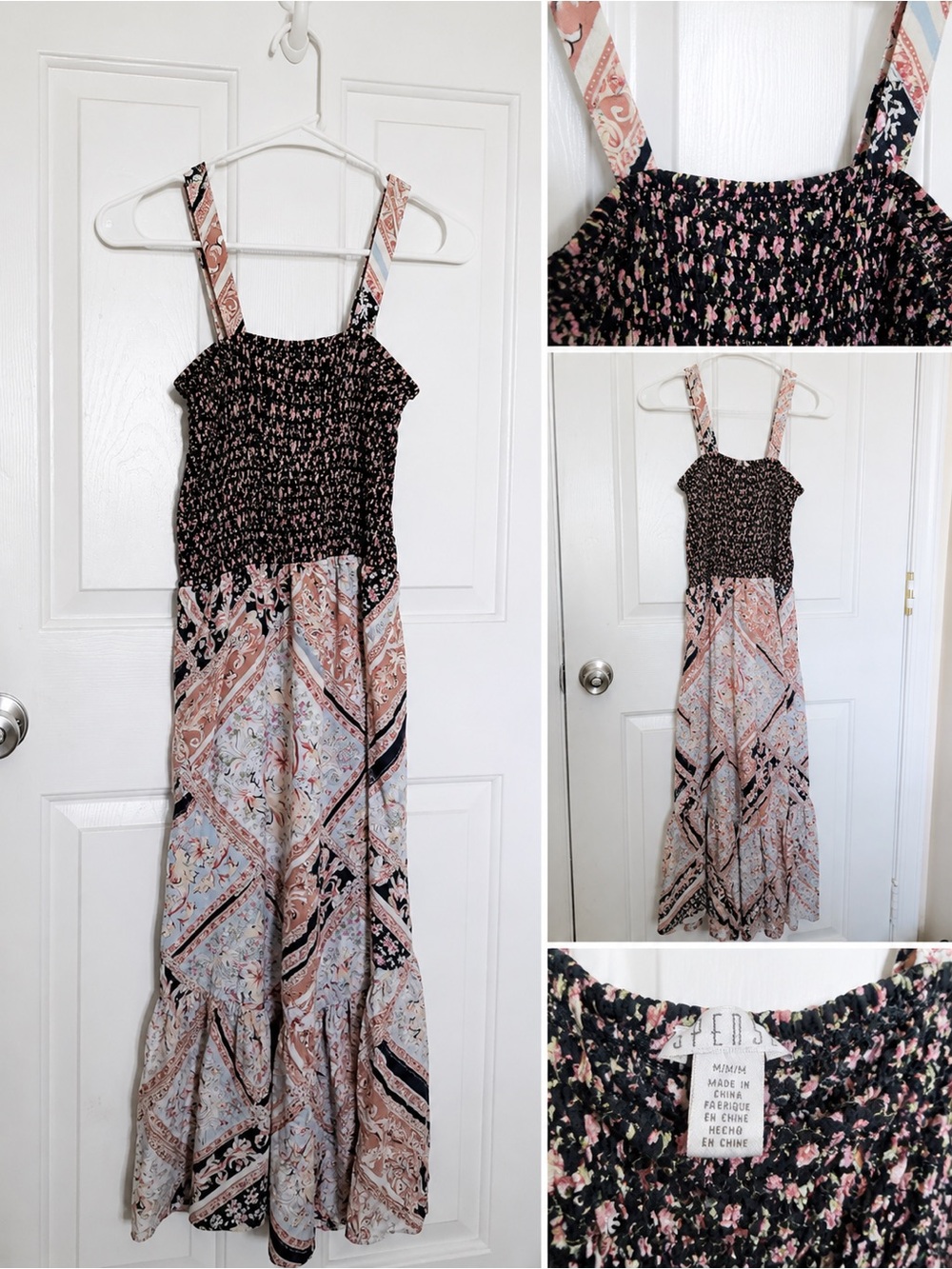 Spense Black Smocked Bodice Maxi jumpsuit with Blush Paisley Straps